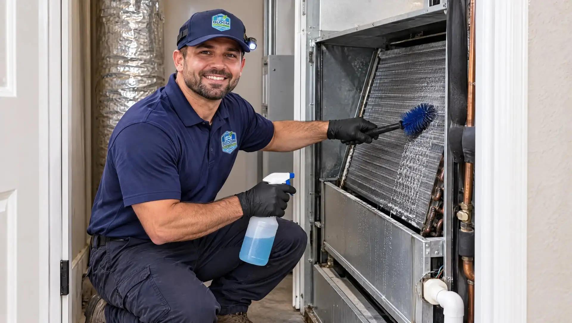 Bloom technician cleaning an AC evaporator coil in a Dallas home