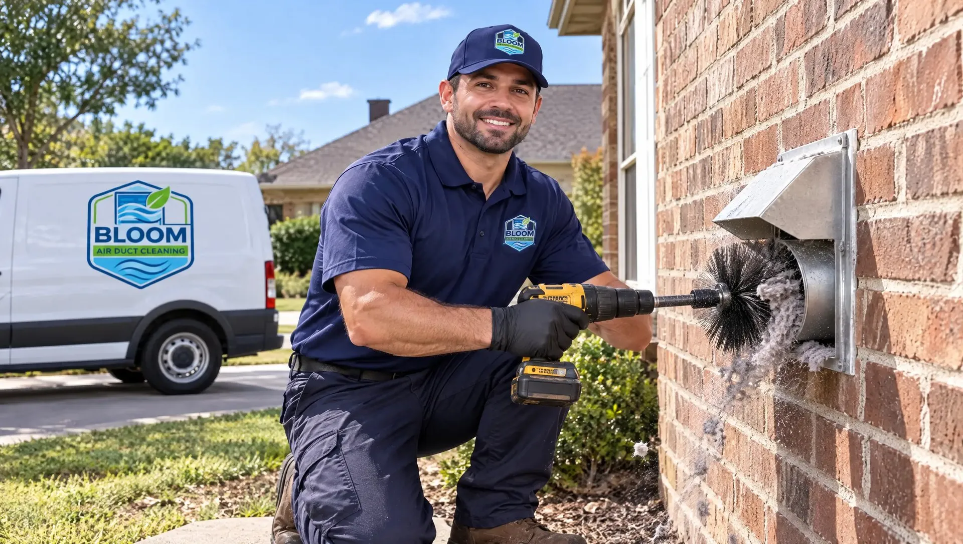 Technician cleaning an exterior dryer vent with a rotary brush