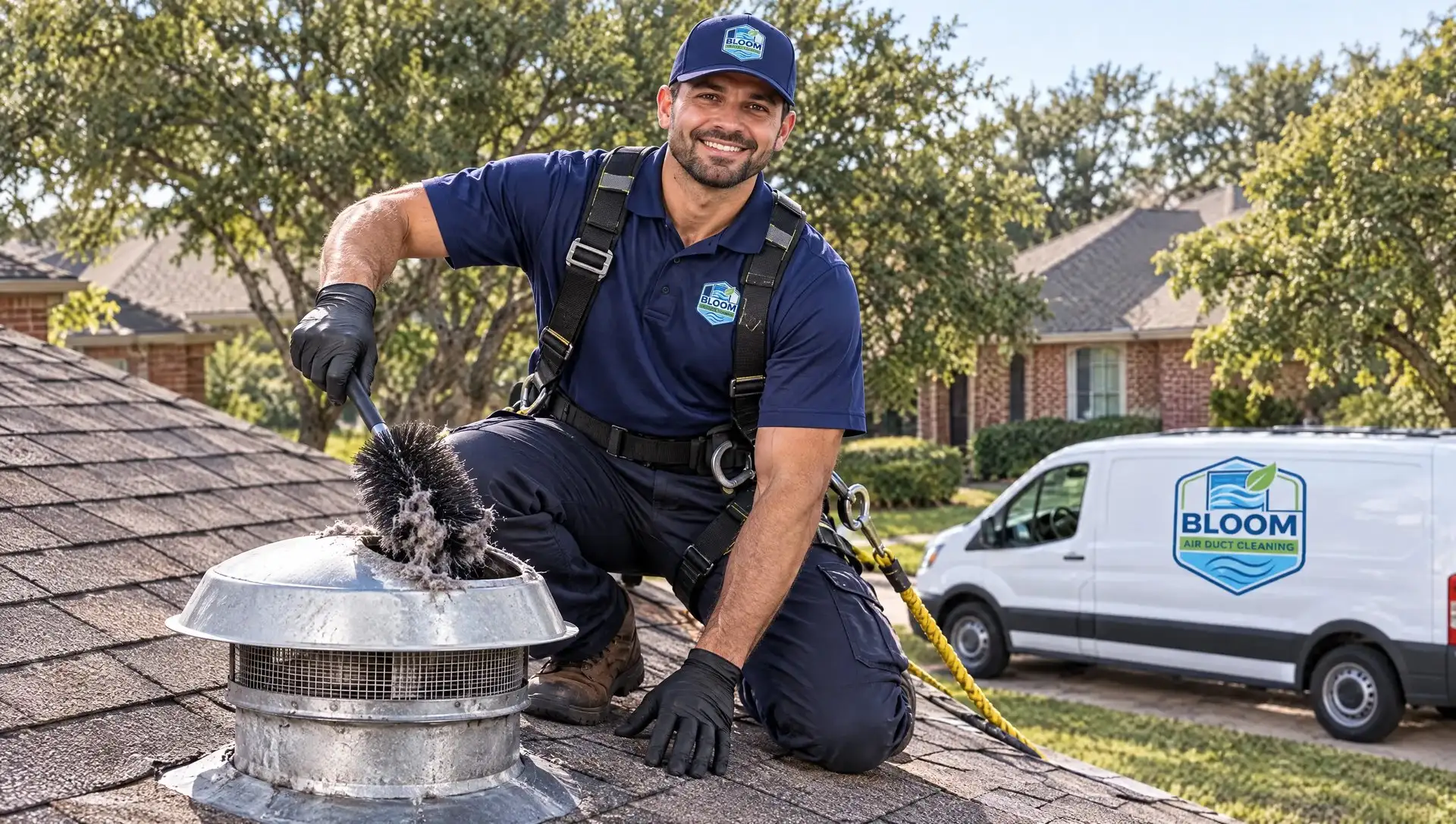 Dryer vent cleaning at a roof vent cap on a Dallas home