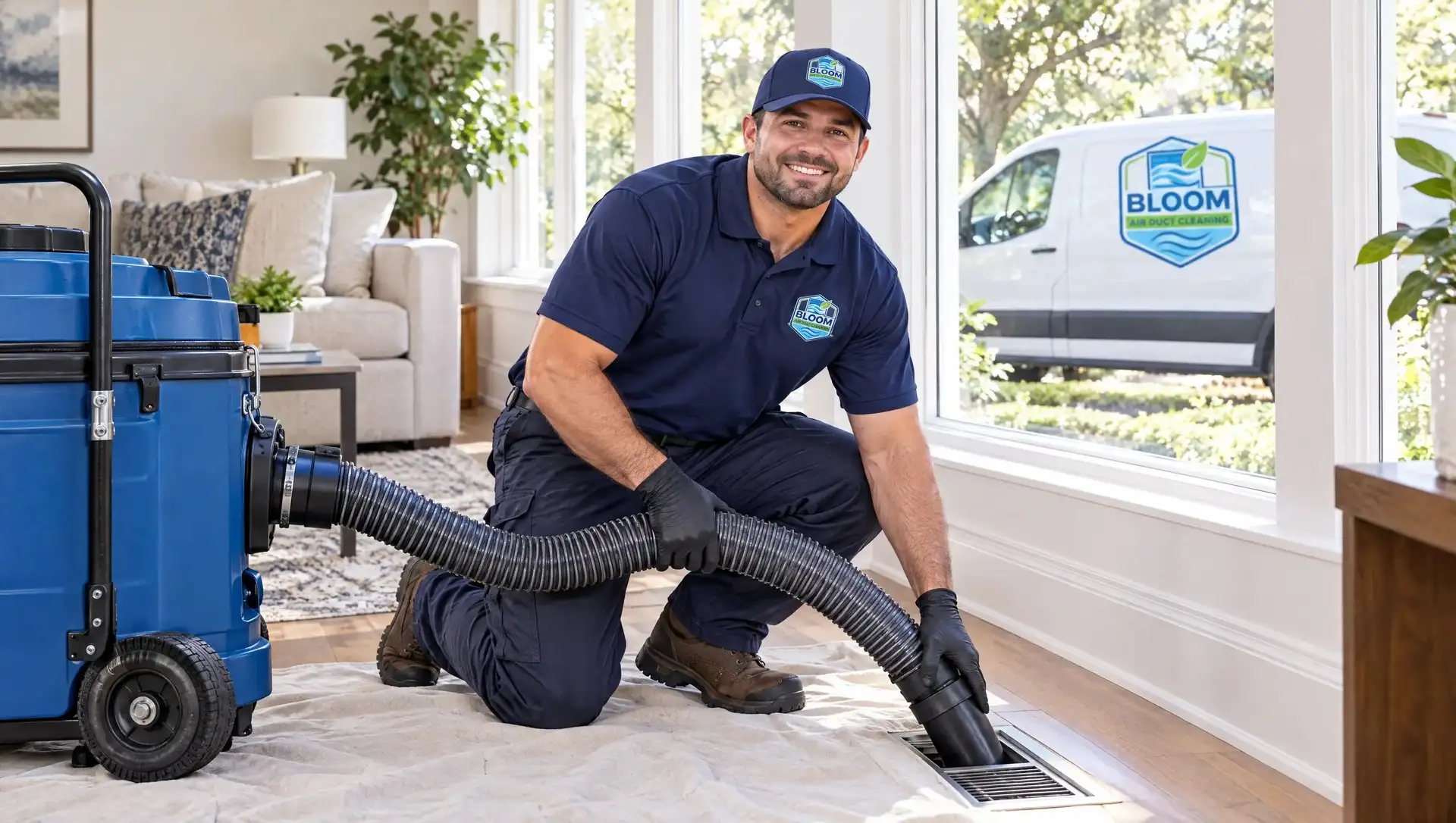 Bloom Air Duct Cleaning technician showing a Dallas homeowner camera footage of their air ducts