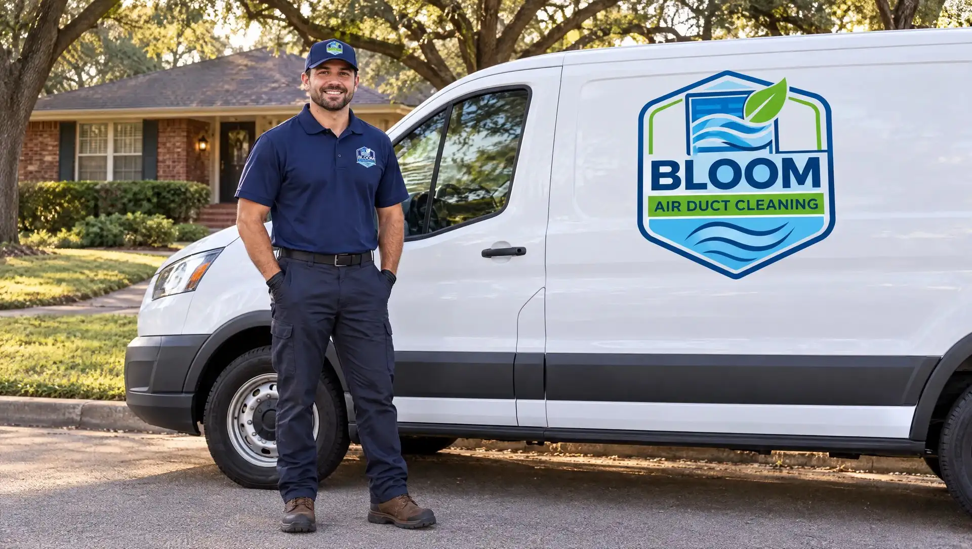 Bloom Air Duct Cleaning van arriving at a Dallas home