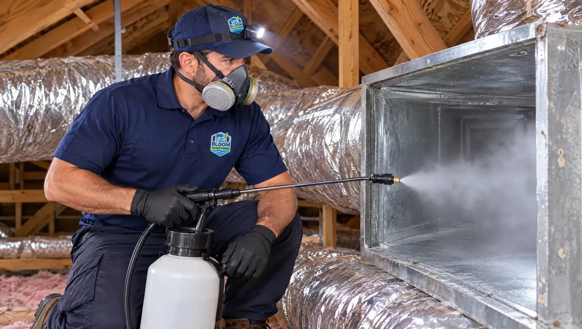 Bloom technician sanitizing an air duct after mold removal in a Dallas home
