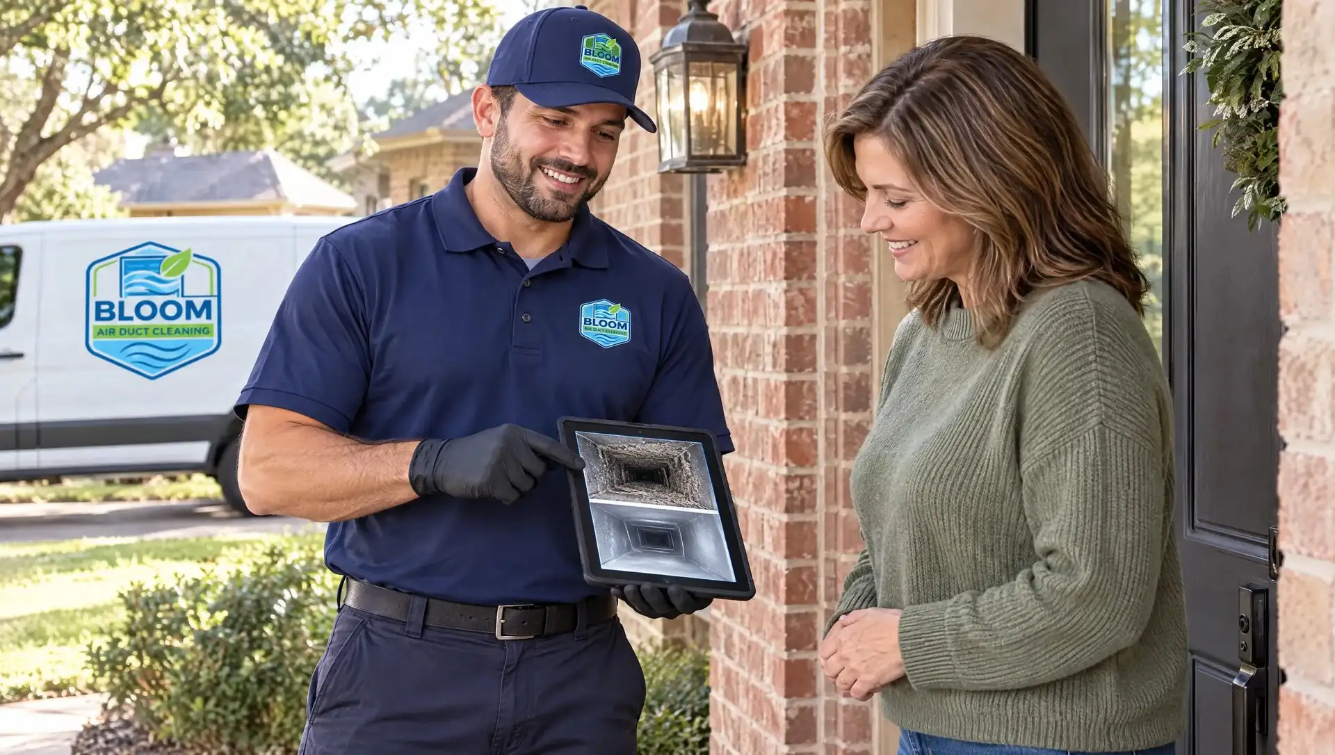 Bloom technician reviewing before-and-after duct photos on a tablet with a homeowner