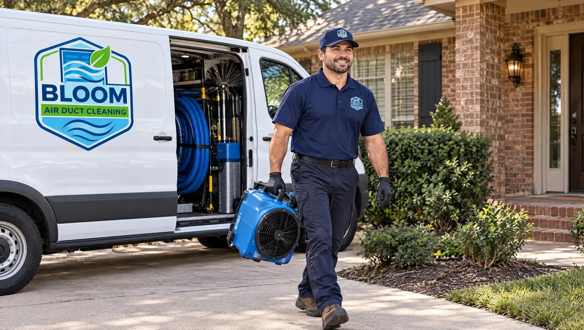 Bloom Air Duct Cleaning van parked in the driveway of a Dallas home