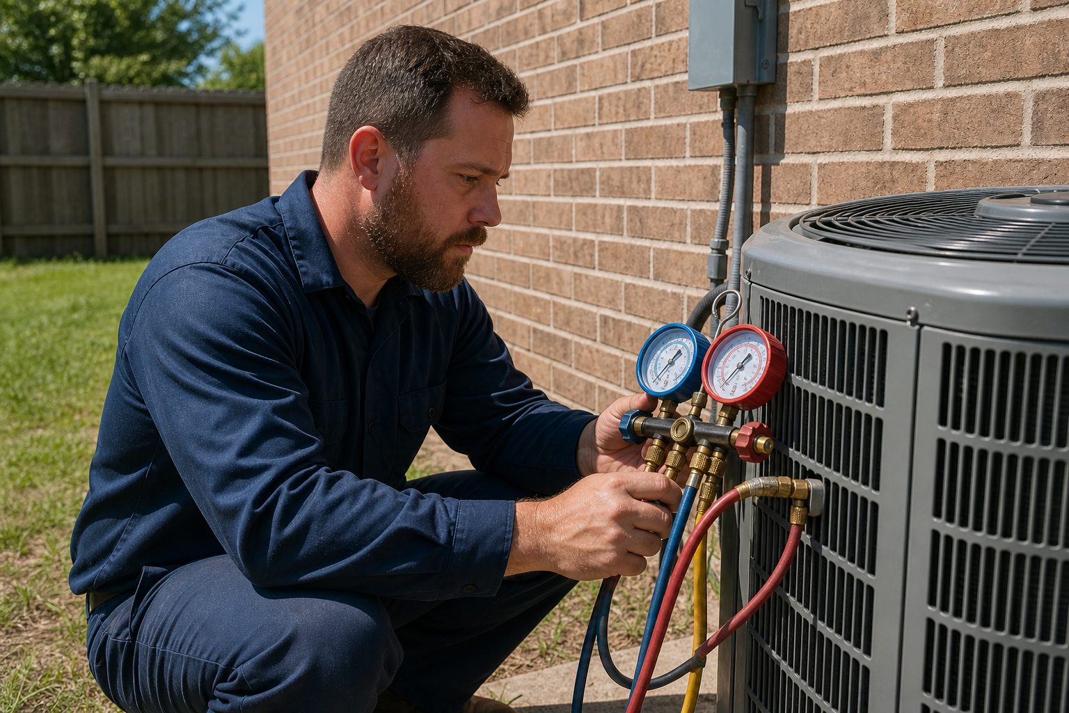 HVAC technician checking refrigerant pressure on an AC unit that is not cooling in Dallas TX