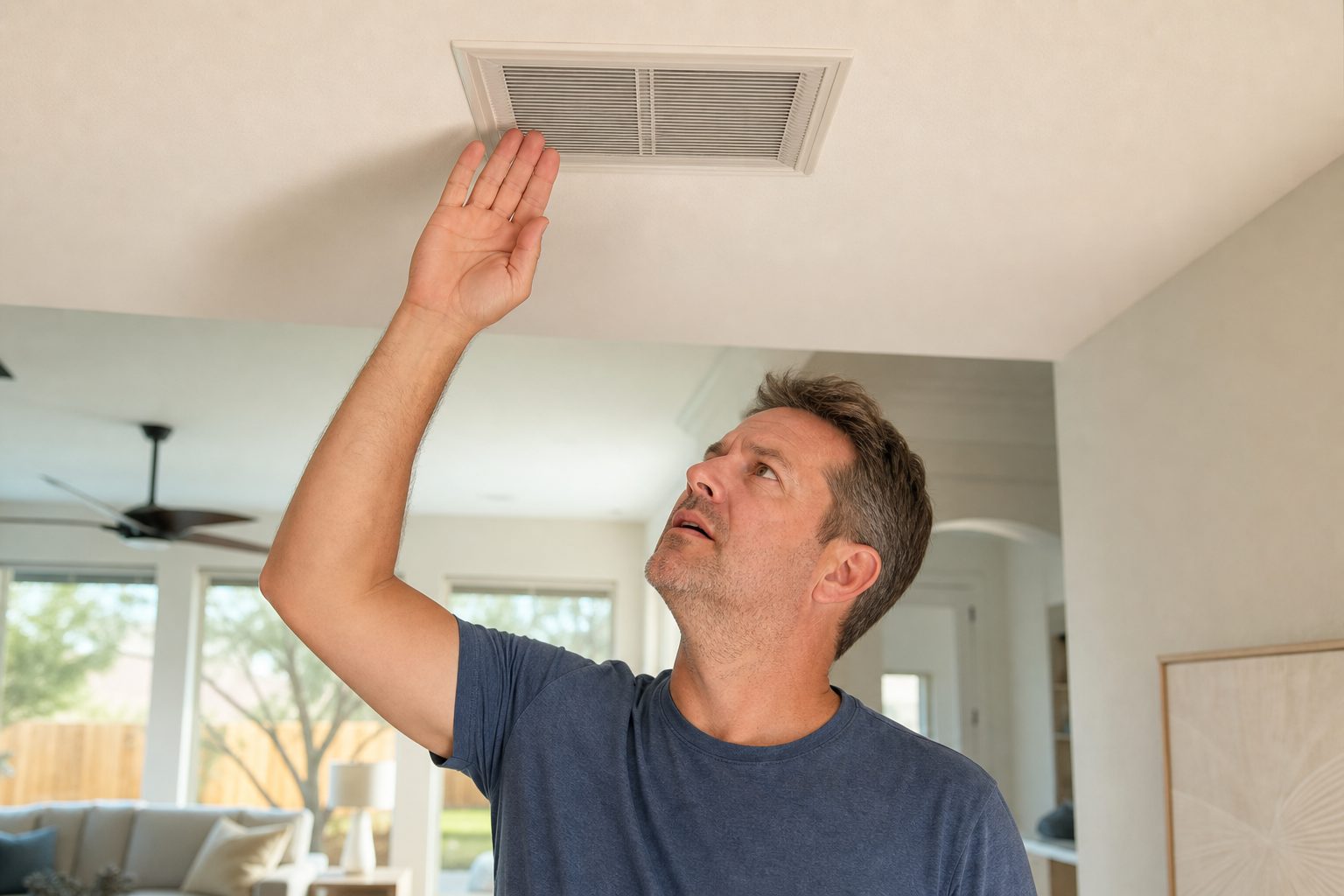 Homeowner feeling warm air from a ceiling vent because the AC is not blowing cold air