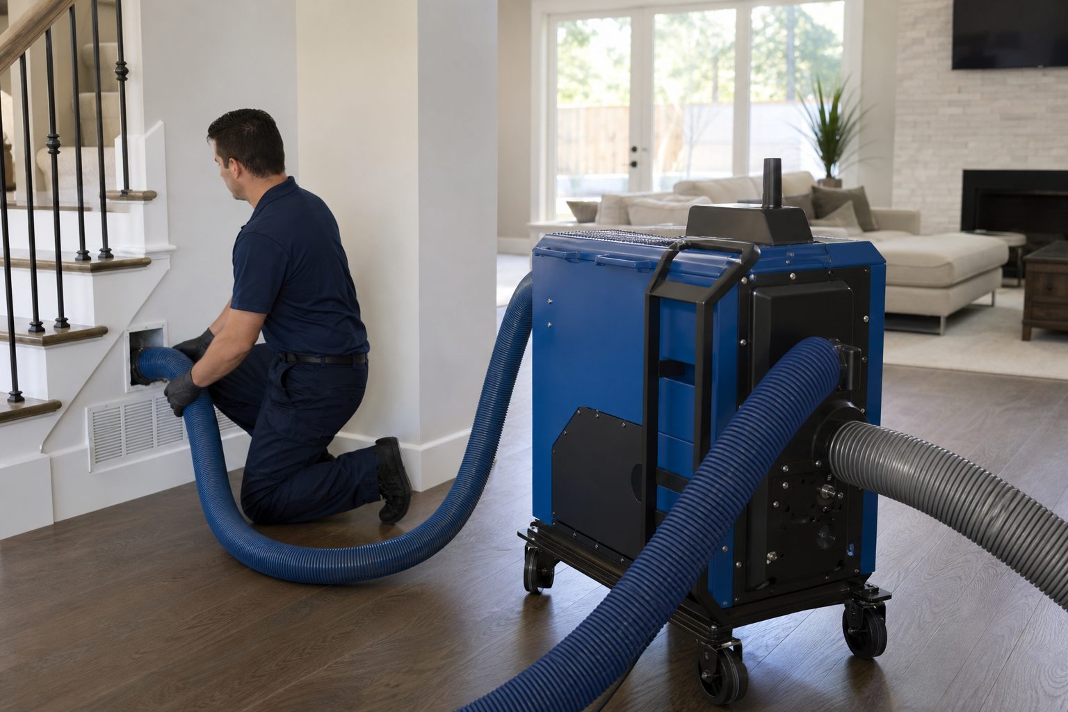 Professional air duct cleaning equipment improving indoor air quality in a Dallas home