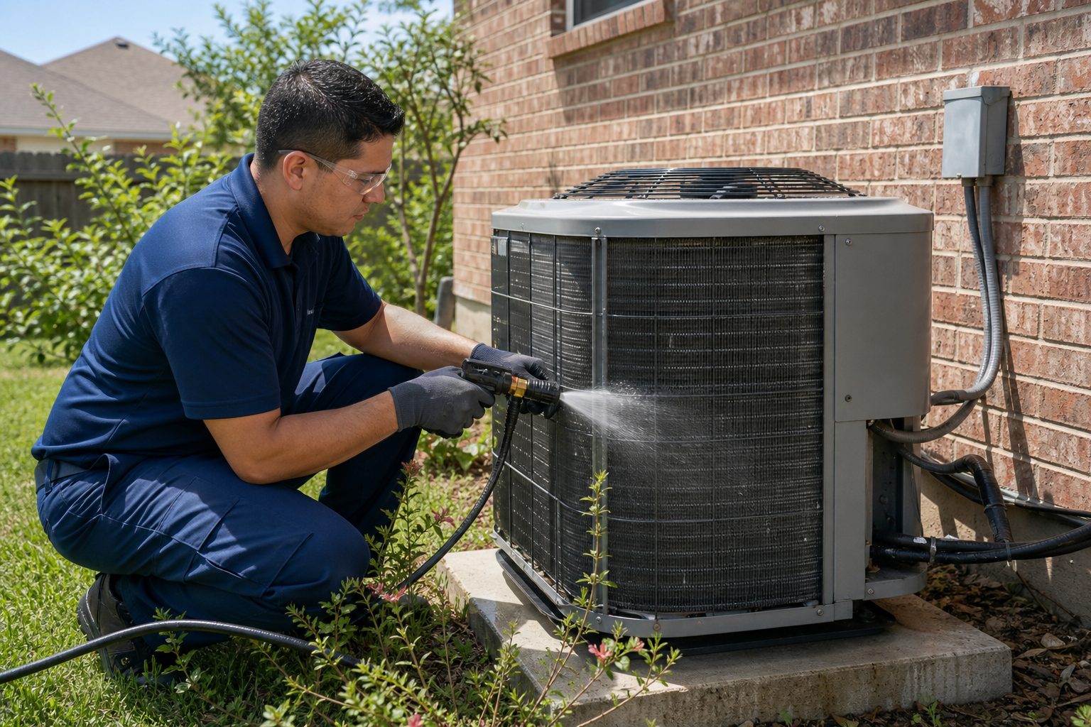 Technician rinsing AC condenser coils during AC cleaning in Dallas TX