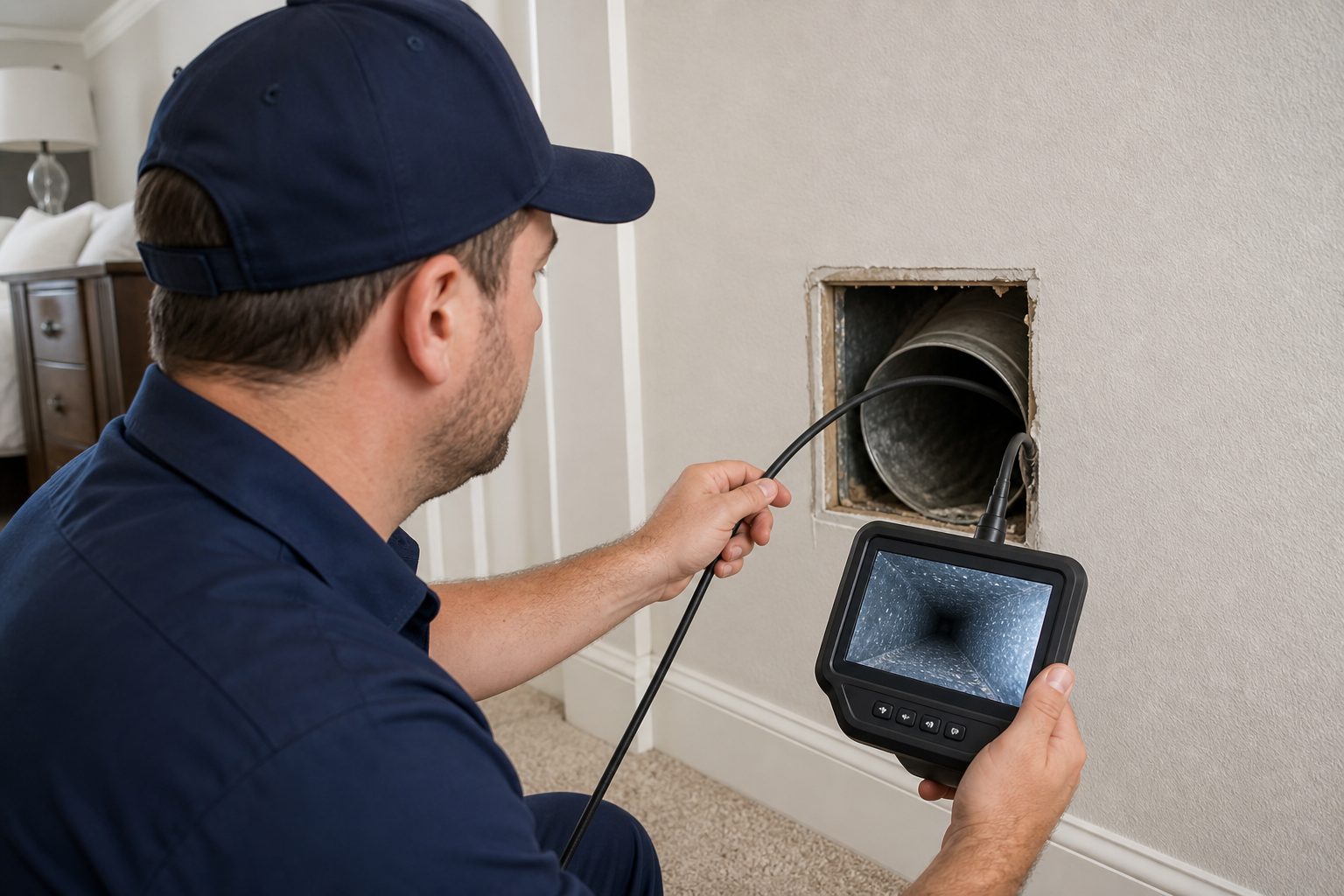 Technician performing a camera air duct inspection in a Dallas TX home