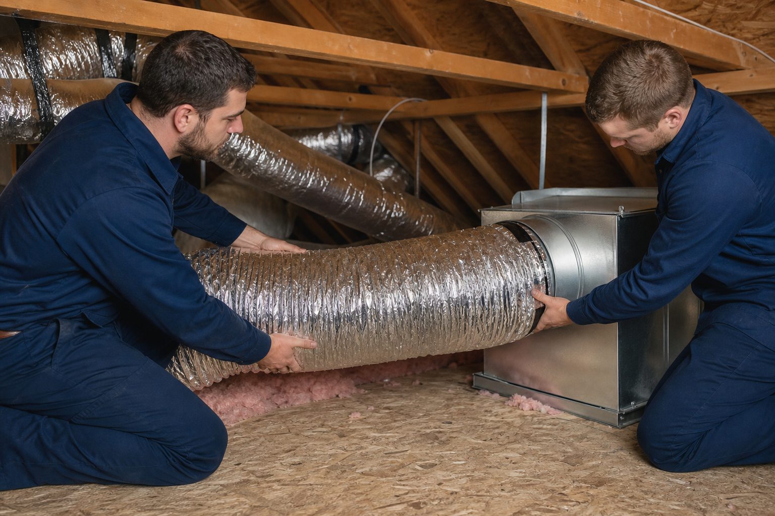 Technicians installing new insulated air ducts in a Dallas TX attic