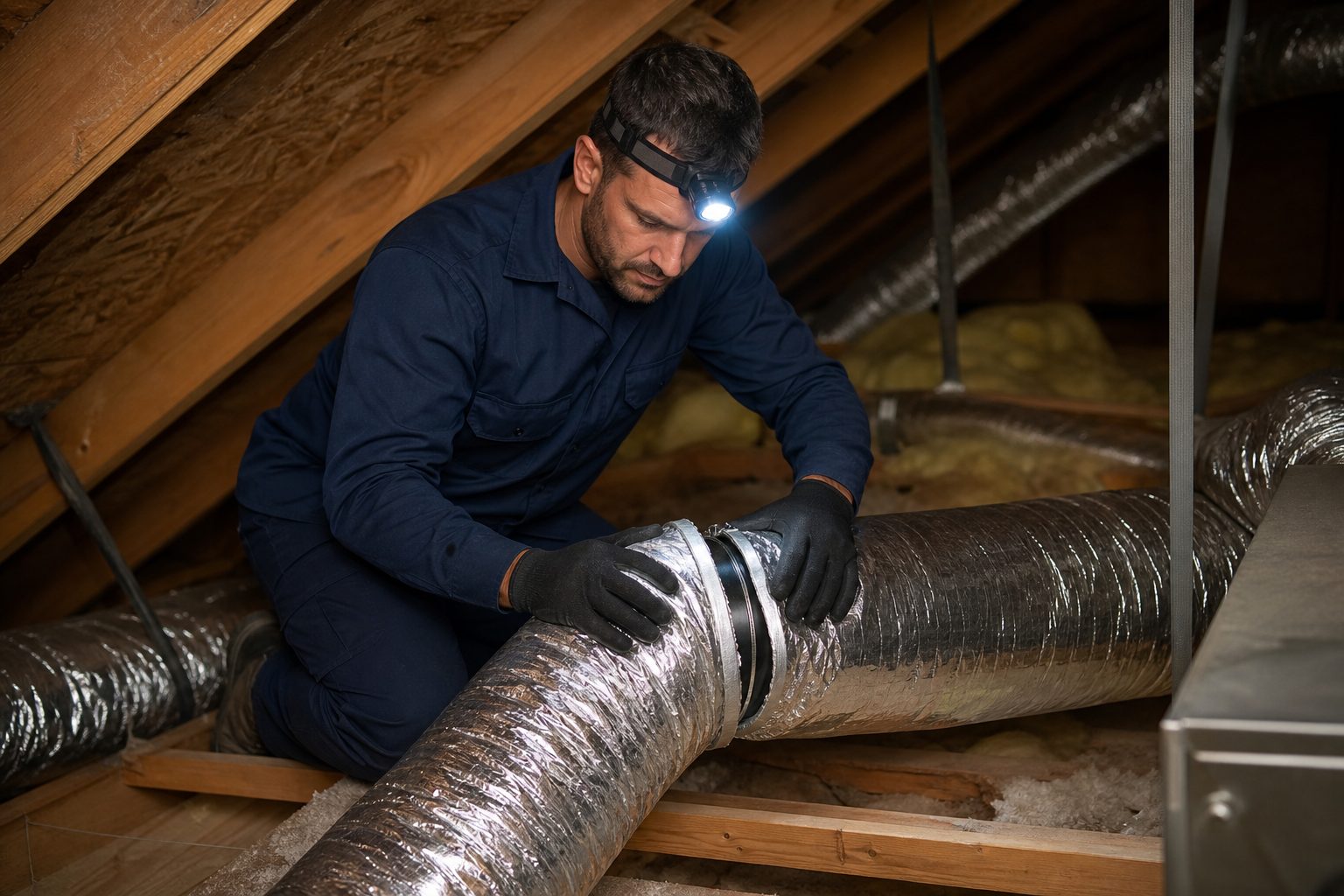 Technician repairing damaged flexible air duct in a Dallas TX attic