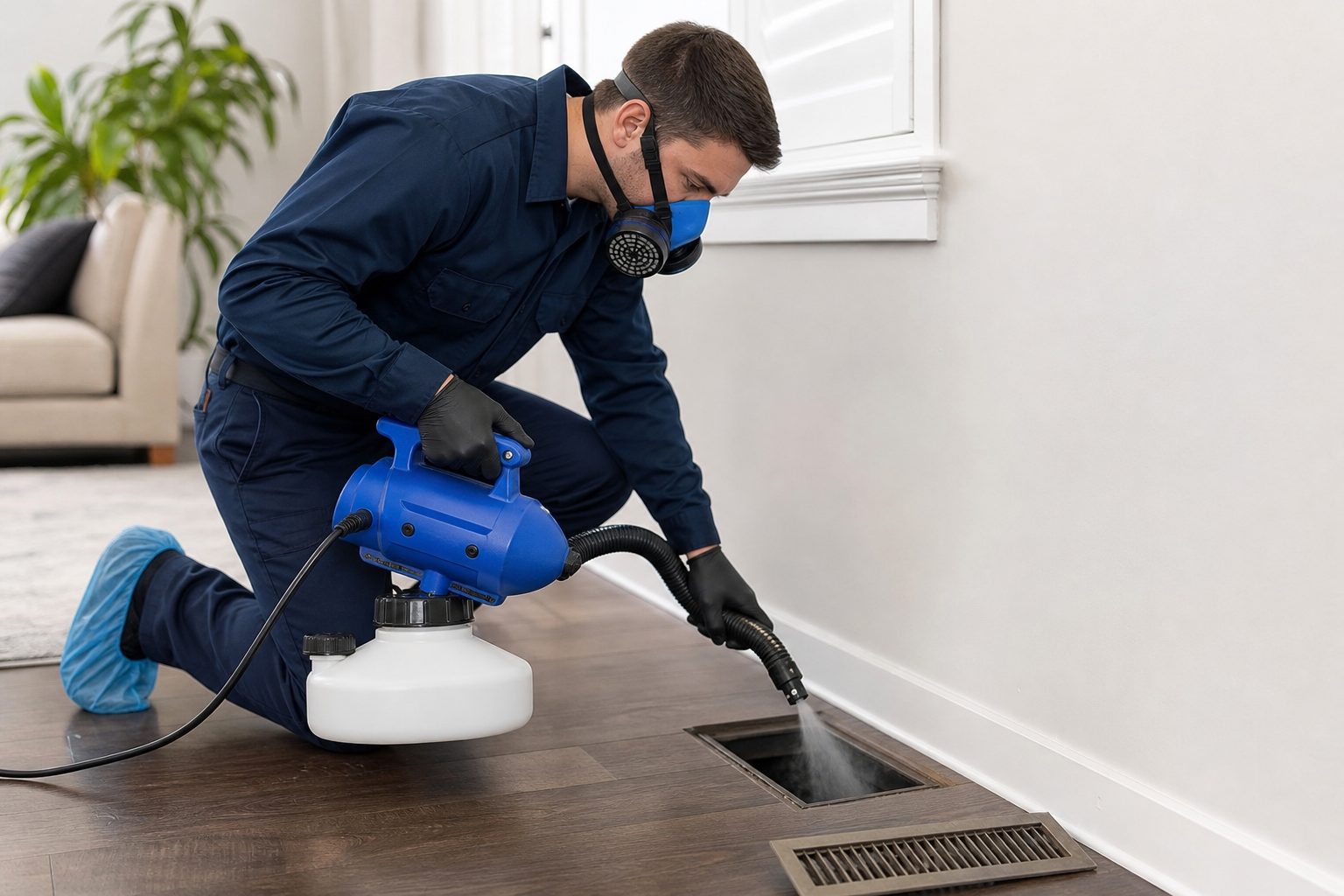 Technician sanitizing an air vent with fogging equipment in a Dallas TX home