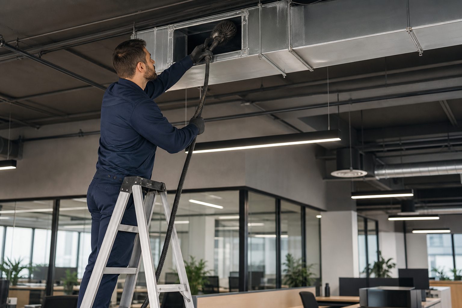 Technician cleaning commercial air ducts in a Dallas TX office building