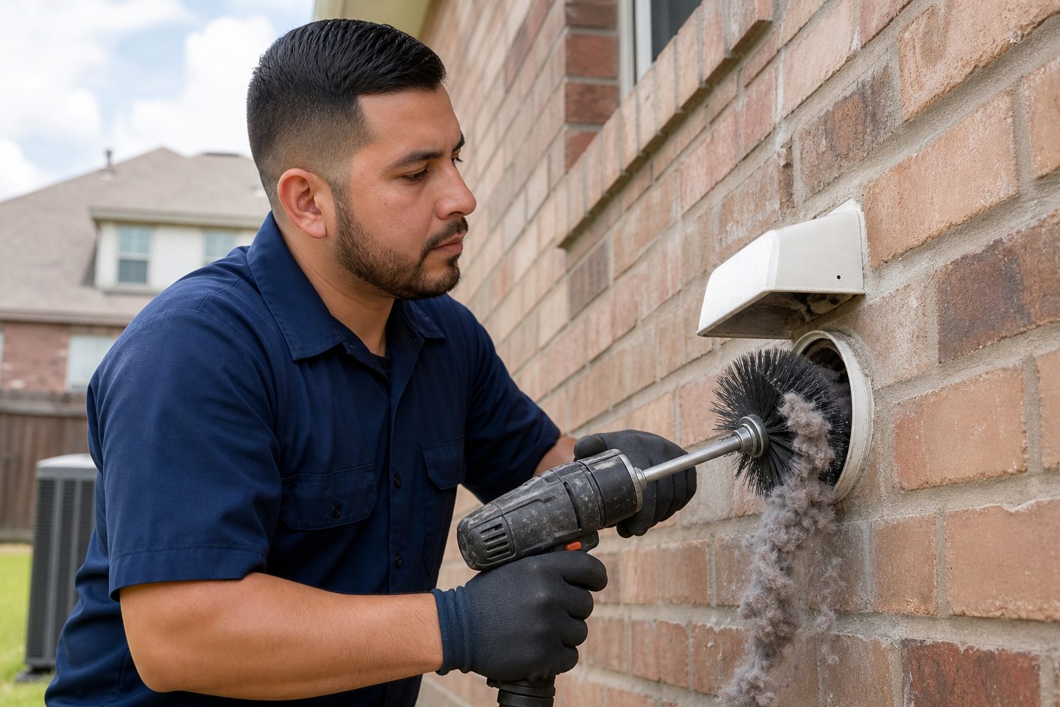 Technician cleaning an exterior dryer vent with a rotary brush in Dallas TX