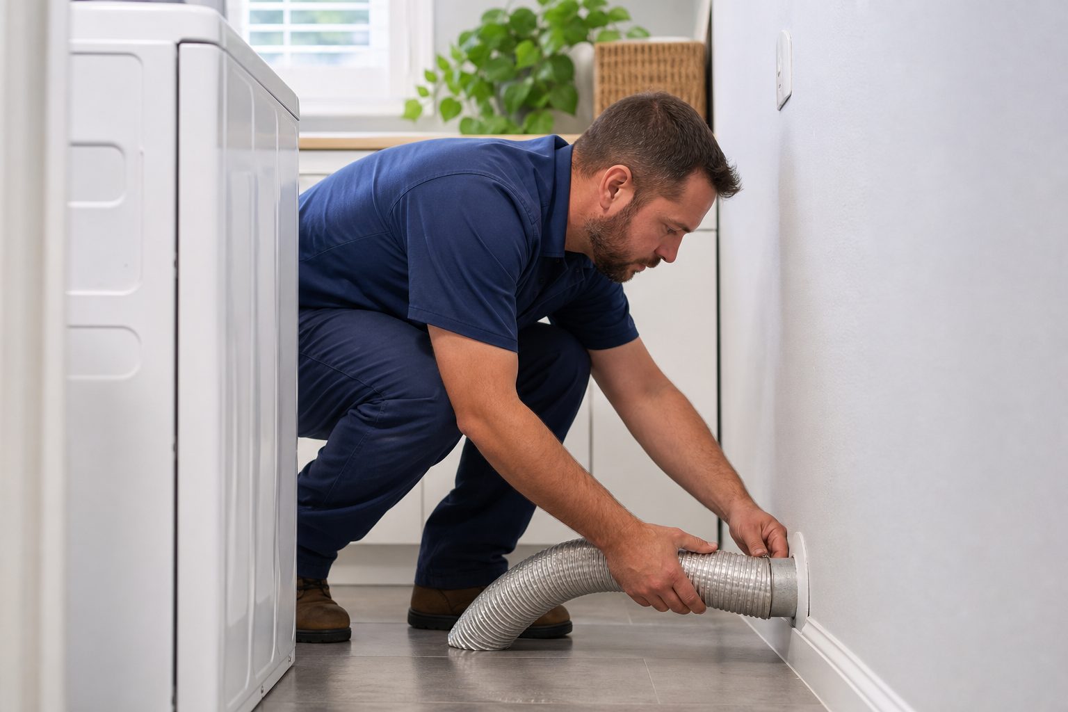 Technician repairing a flexible dryer vent duct in a Dallas TX laundry room