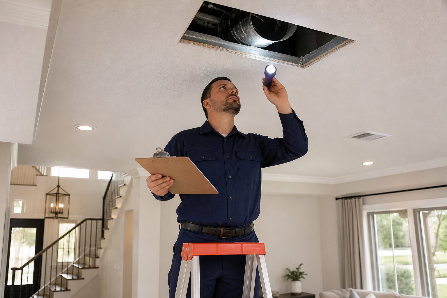Technician inspecting a ceiling air duct during annual duct maintenance in Dallas TX