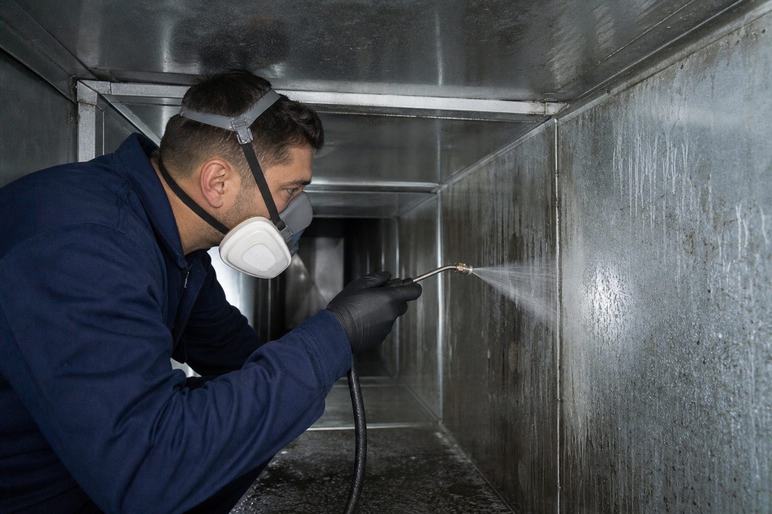 Technician in protective gear removing mold from an air duct in Dallas TX