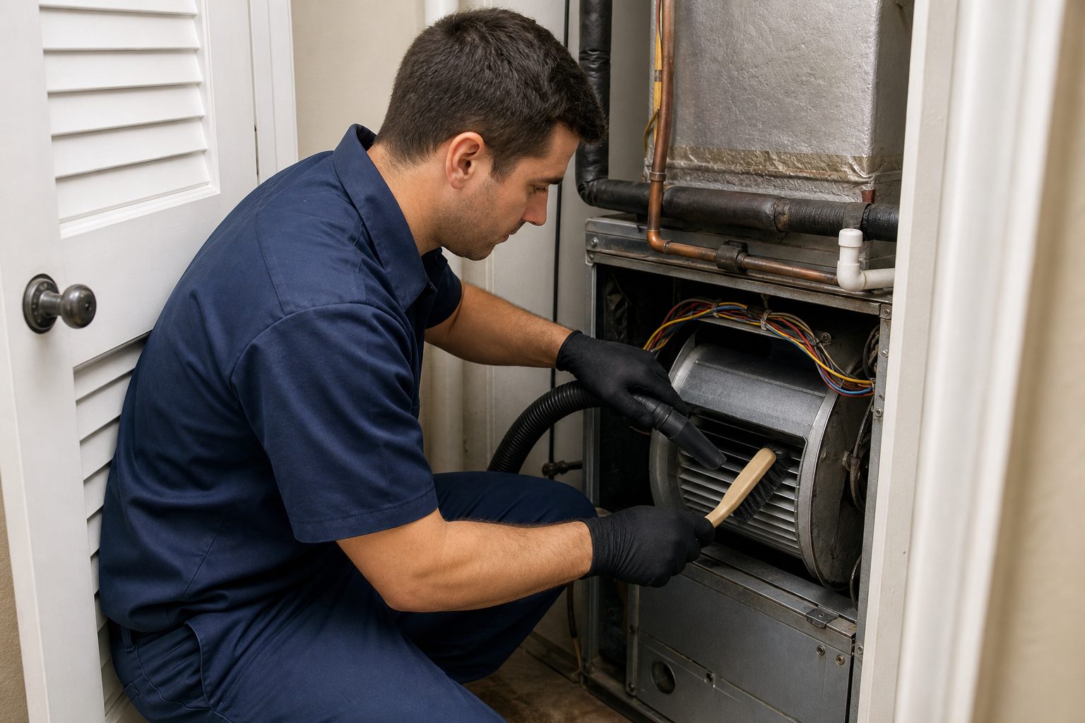 Technician cleaning an HVAC air handler blower during HVAC system cleaning in Dallas TX
