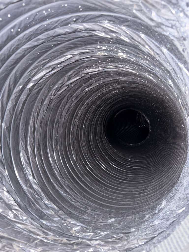 Dust and pet dander speckling a Southlake home flex duct before cleaning