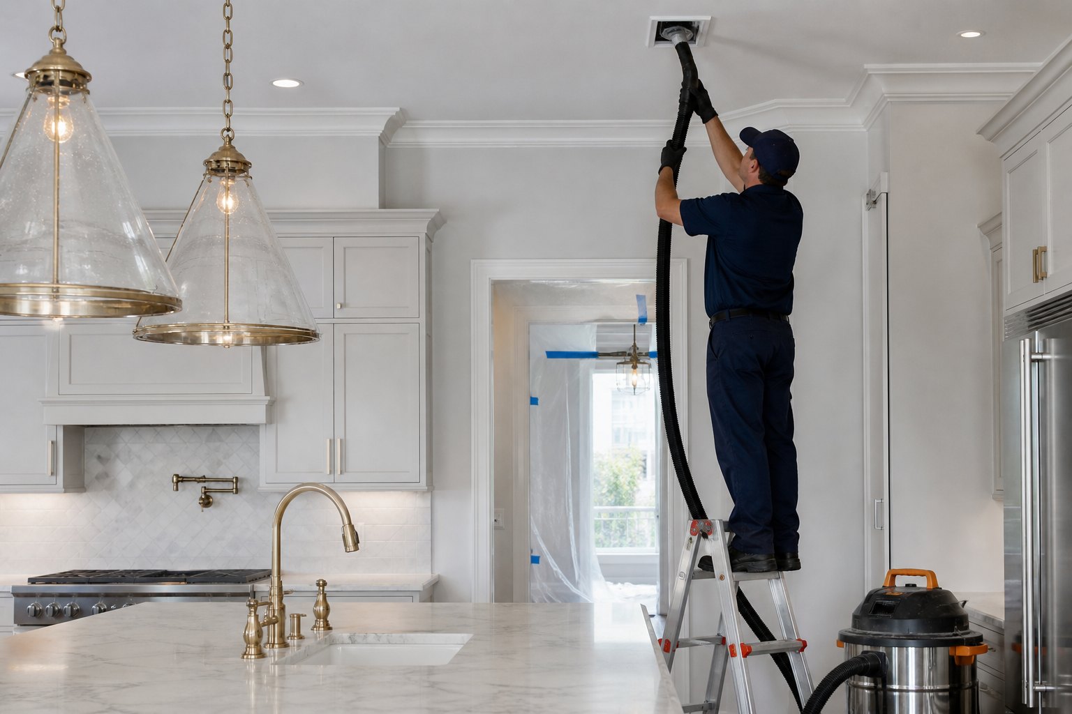 Technician vacuuming construction dust from a supply register after a kitchen renovation in a University Park Dallas home