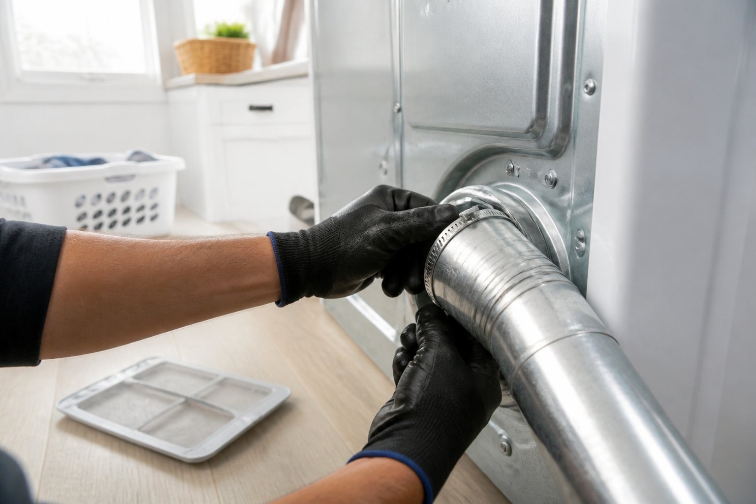 Technician reconnecting a rigid metal dryer vent duct behind a dryer to prevent dryer fires in a Dallas home