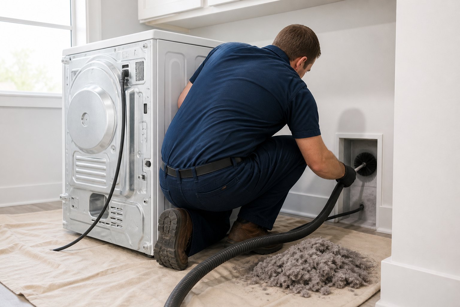 Technician cleaning a dryer vent with a rotary brush and vacuum in a Dallas TX laundry room