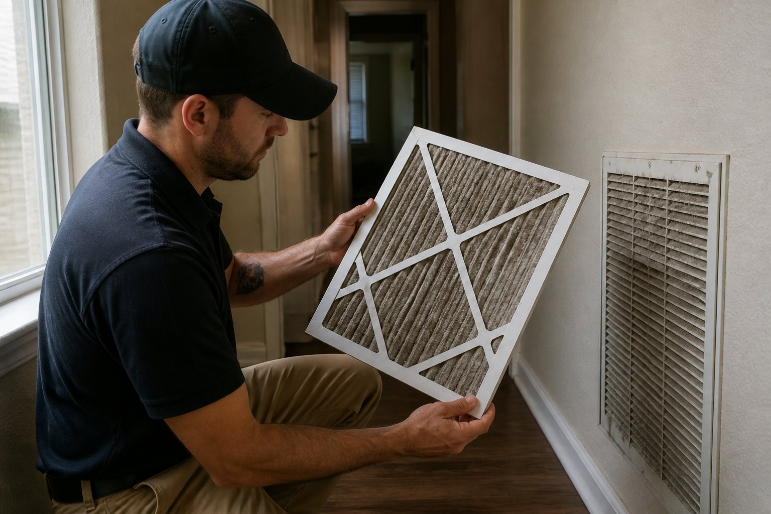 Technician holding a dust-coated furnace filter that causes a burning dust smell when the heat first turns on in Dallas