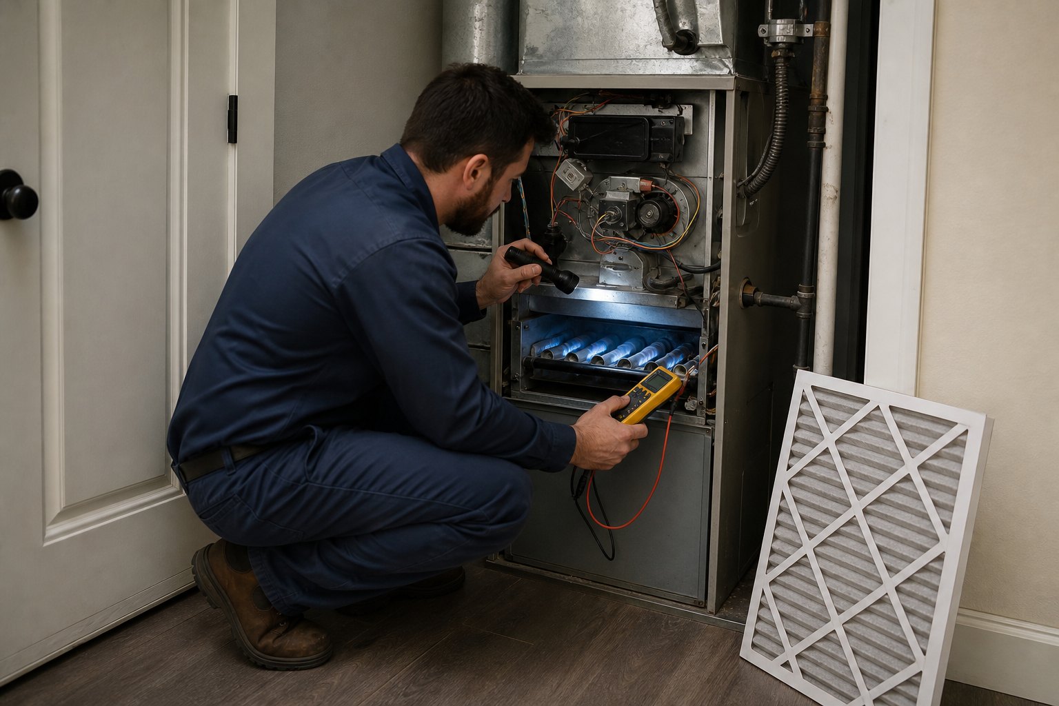 HVAC technician performing a furnace tune-up on a gas furnace in a Dallas TX home before winter